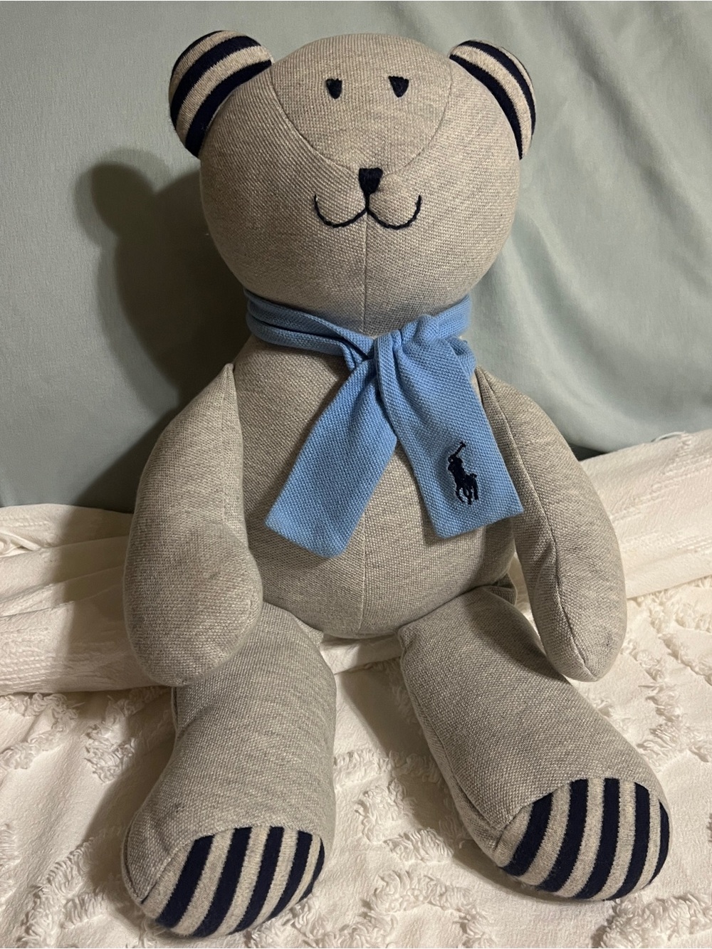 Ralph Lauren Kids Light Gray Plush Bear with Blue Scarf and Navy Accents